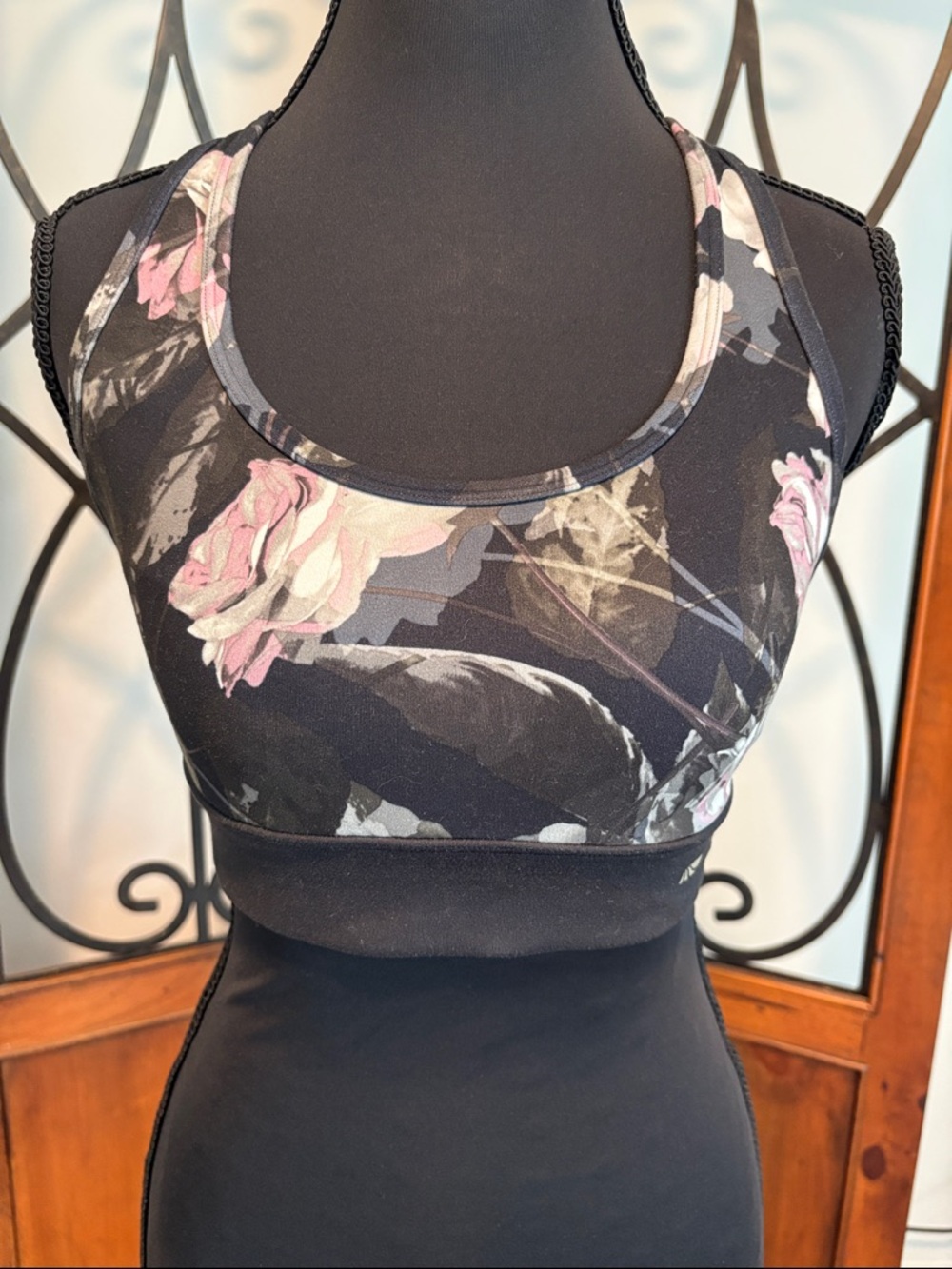 Marika Black Sports Bra with Pink Floral Accents